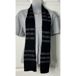 Thin Knit Black Rectangular Scarf with Silver Metallic Stripes - EUC